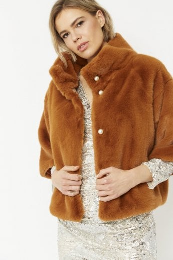 Chocolate Faux Fur Jacket With Pearls