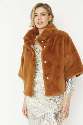 Chocolate Faux Fur Jacket With Pearls