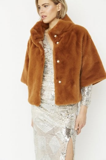 Chocolate Faux Fur Jacket With Pearls