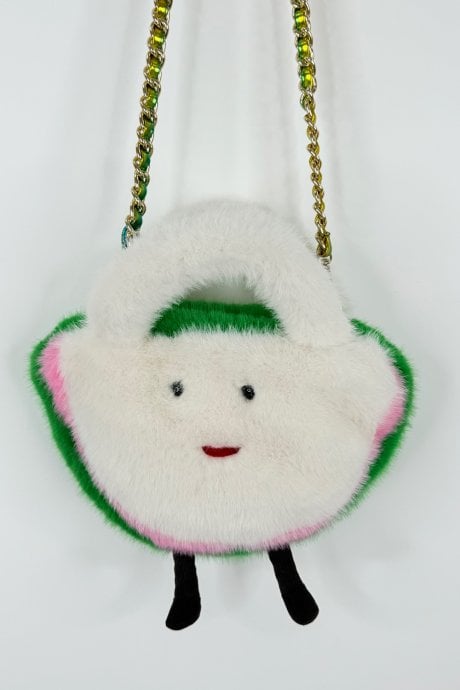 Cream and Green Handmade Water Melon Bamboo Fur Bag
