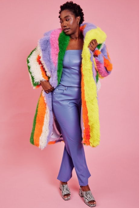 Faux Fur Hand Crafted Rainbow Bamboo Maxi Coat