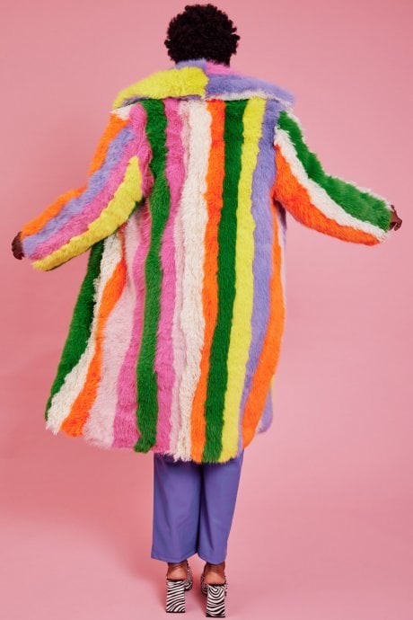Faux Fur Hand Crafted Rainbow Bamboo Maxi Coat