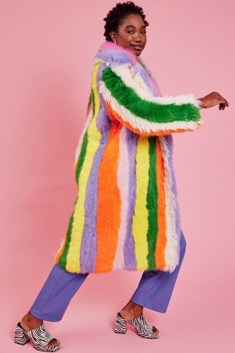 Faux Fur Hand Crafted Rainbow Bamboo Maxi Coat