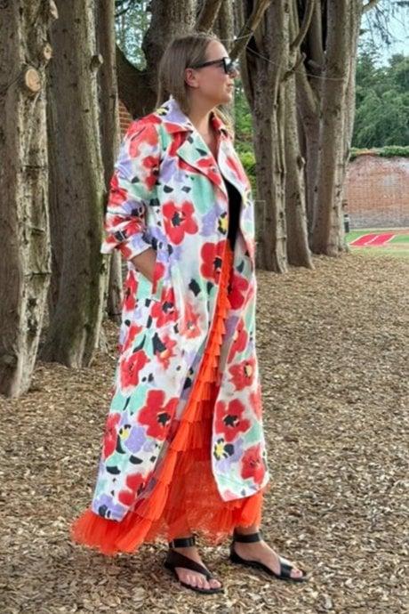 Faux Suede Floral Trench Coat