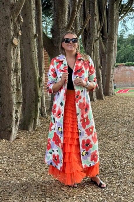 Faux Suede Floral Trench Coat