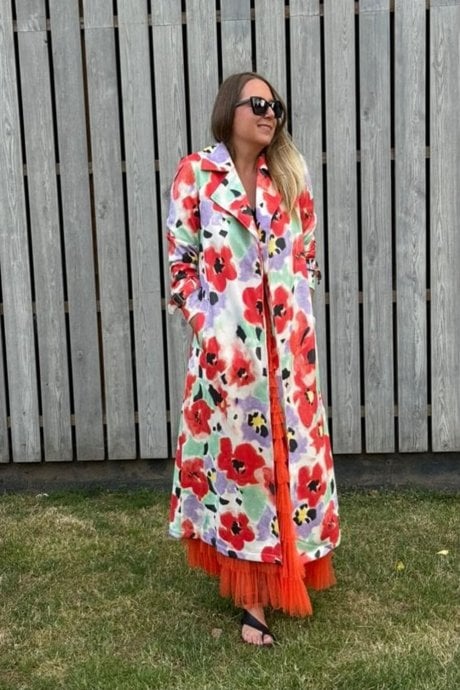 Faux Suede Floral Trench Coat