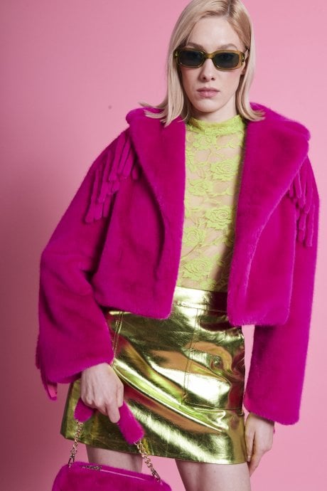 Hot Pink Hand Cut Tassels Bamboo Lyocell Blend Eco Faux Fur Cropped Jacket