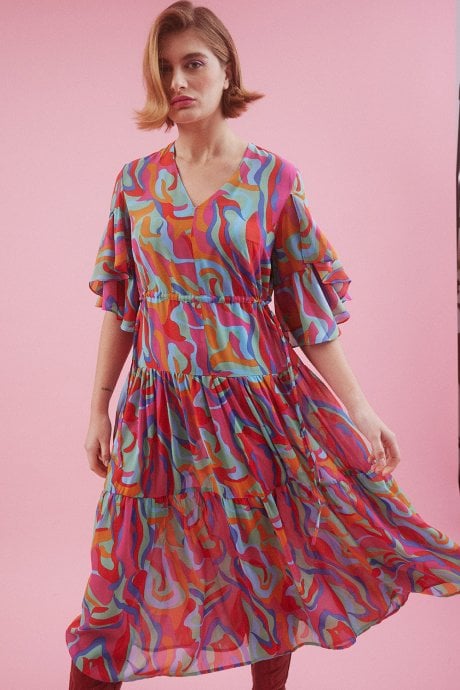 JAYLEY Abstract Pink Midi Dress With Flutter Sleeves