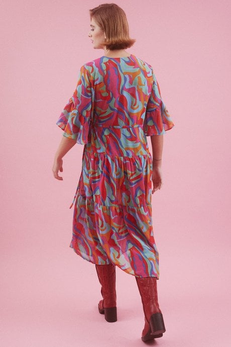 JAYLEY Abstract Pink Midi Dress With Flutter Sleeves