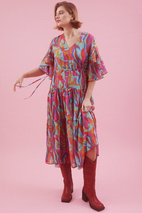 JAYLEY Abstract Pink Midi Dress With Flutter Sleeves
