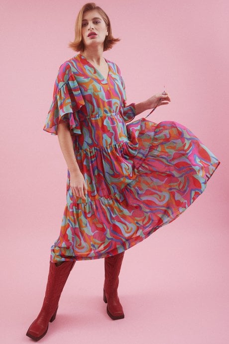 JAYLEY Abstract Pink Midi Dress with Flutter Sleeves