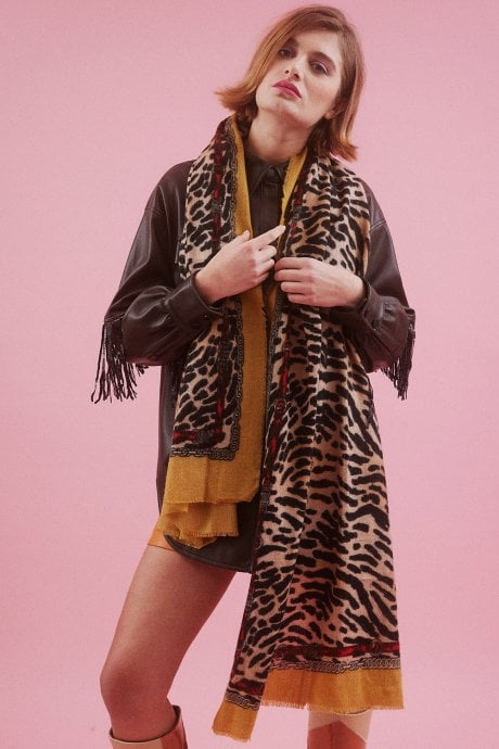 JAYLEY Animal Print Cashmere & Silk Blend Scarf With Animal and Stripe Design