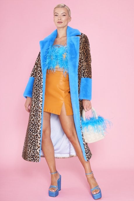 JAYLEY Animal Print Faux Fur Maxi Coat with Clashing Blue Cuffs and Collar