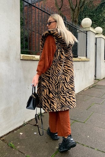 JAYLEY Animal Print Shania Faux Fur Long Length Hooded Gilet | Waistcoat