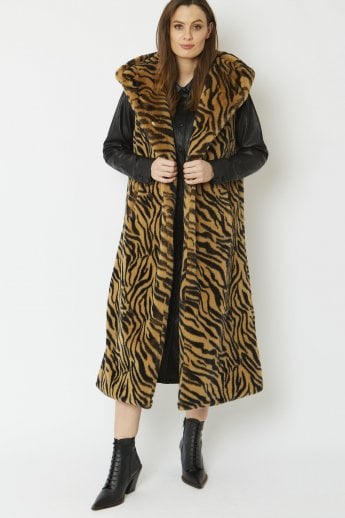 JAYLEY Animal Print Shania Faux Fur Long Length Hooded Gilet | Waistcoat