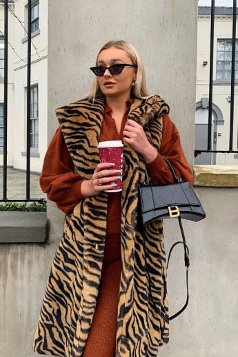 JAYLEY Animal Print Shania Faux Fur Long Length Hooded Gilet | Waistcoat