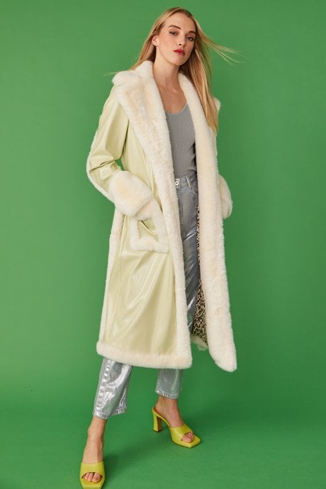 JAYLEY Apple Green Faux Fur And Faux Suede Trench Coat