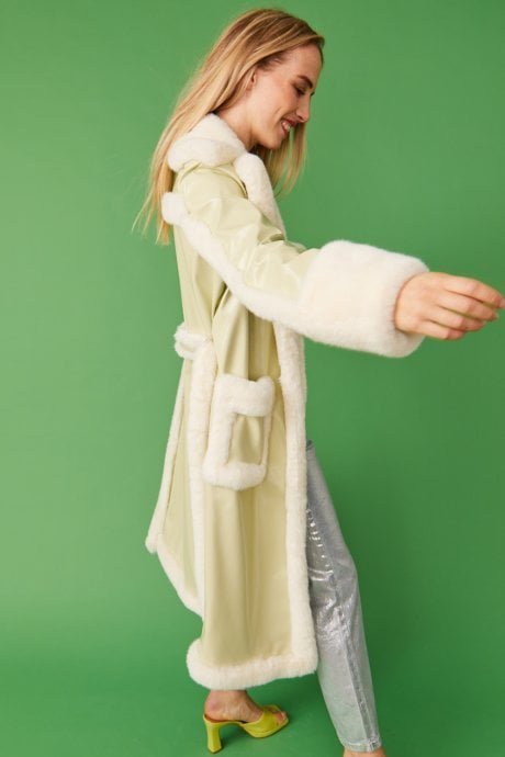 JAYLEY Apple Green Faux Fur And Faux Suede Trench Coat