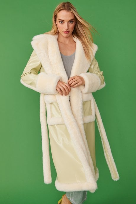 JAYLEY Apple Green Faux Fur and Faux Suede Trench Coat