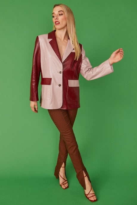 JAYLEY Baby Pink And Burgundy Leather Look Blazer