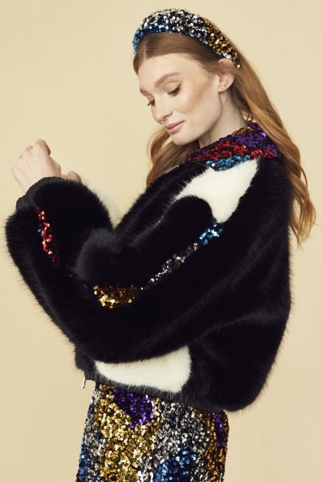 JAYLEY Bamboo Faux Fur And Sequin Bomber Jacket