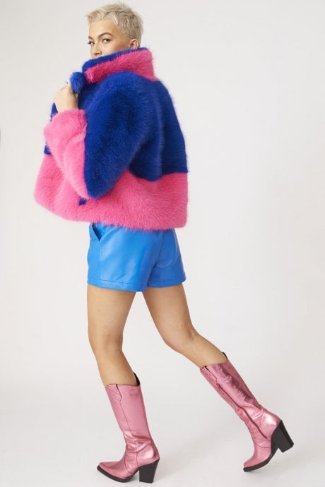 JAYLEY Bamboo Faux Fur Two Tone Double Cropped Coat