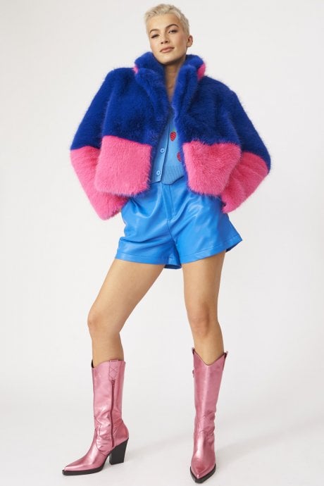 JAYLEY Bamboo Faux Fur Two Tone Double Cropped Coat
