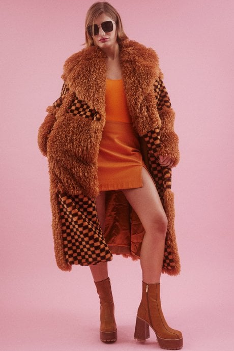 JAYLEY Bamboo Lyocell Mixed Faux Fur Check Coat