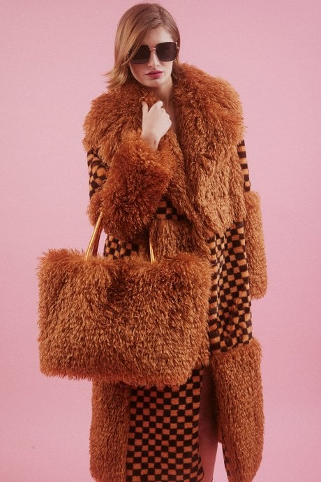 JAYLEY Bamboo Lyocell Mixed Faux Fur Check Coat
