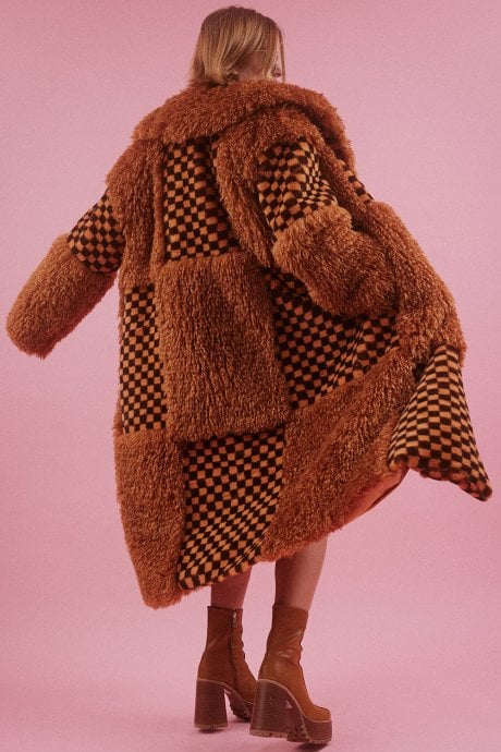 JAYLEY Bamboo Lyocell Mixed Faux Fur Check Coat