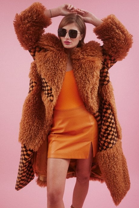 JAYLEY Bamboo Lyocell Mixed Faux Fur Check Coat