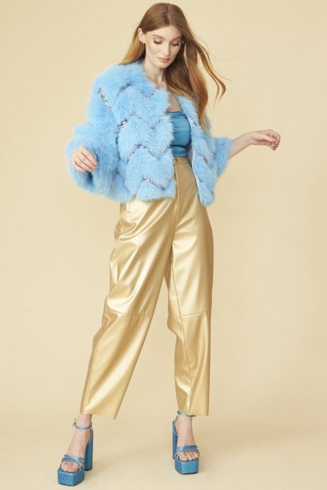 JAYLEY Bamboo Sequin Eco Faux Fur Coat In Blue