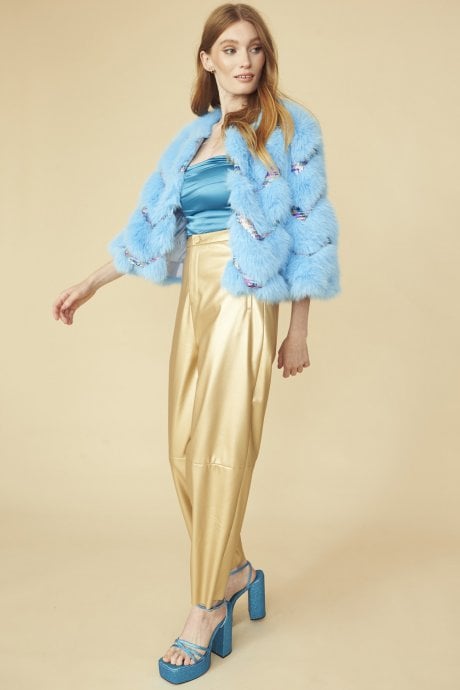 JAYLEY Bamboo Sequin Eco Faux Fur Coat In Blue