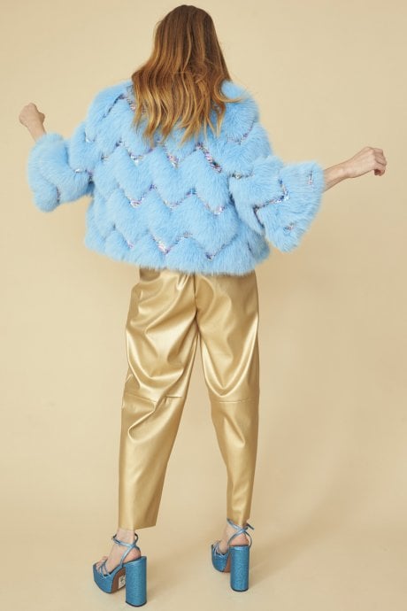 JAYLEY Bamboo Sequin Eco Faux Fur Coat In Blue