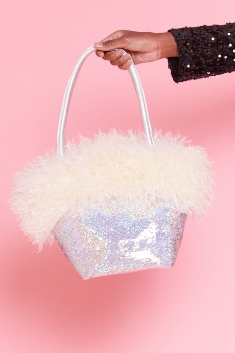 JAYLEY Bamboo Sequins Faux Fur Bag