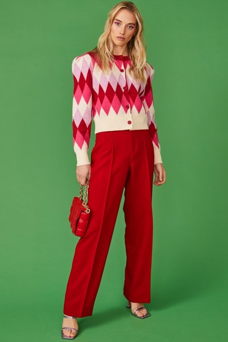 JAYLEY Banana Peel Diamond Design Cardigan In Pink And Cream