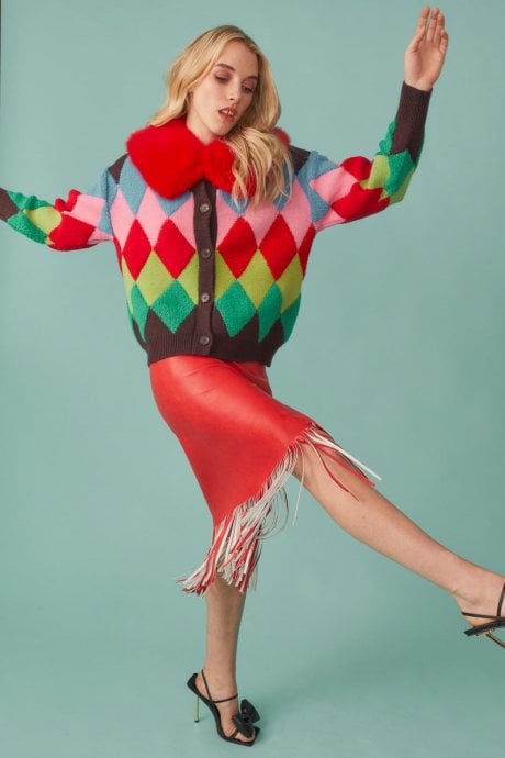 JAYLEY Banana Peel Diamond Design Cardigan In Red And Green With Faux Fur Collar