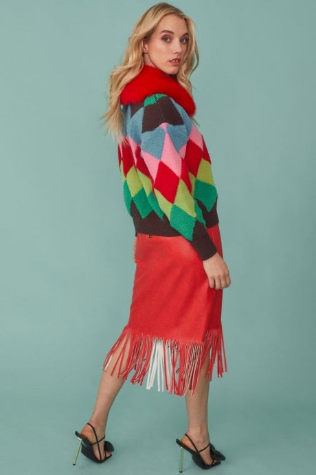 JAYLEY Banana Peel Diamond Design Cardigan in Red and Green with Faux Fur Collar