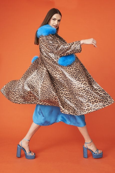 JAYLEY Banana Peel Eco Leather Leopard Print Trench Coat