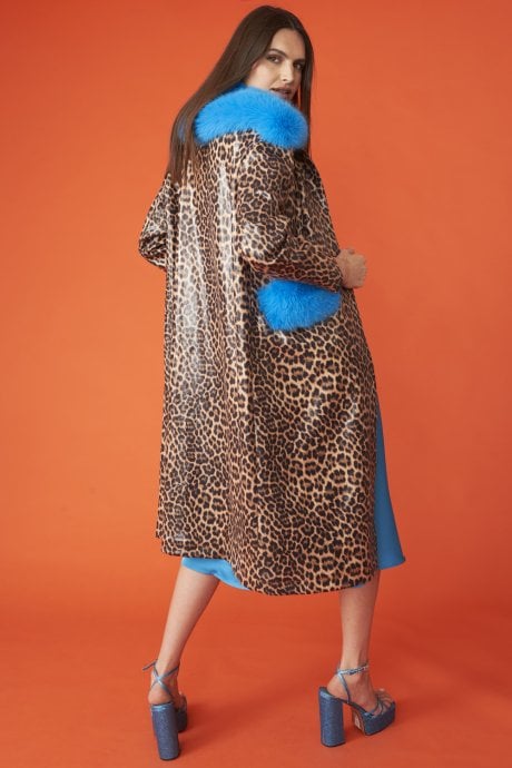 JAYLEY Banana Peel Eco Leather Leopard Print Trench Coat