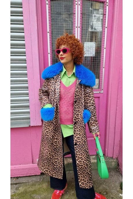 JAYLEY Banana Peel Eco Leather Leopard Print Trench Coat