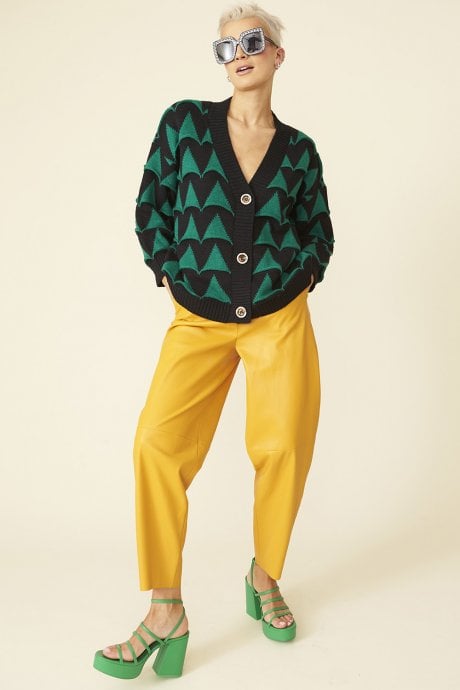 JAYLEY Banana Peel Geometric Cardigan With Green Faux Fur Collar