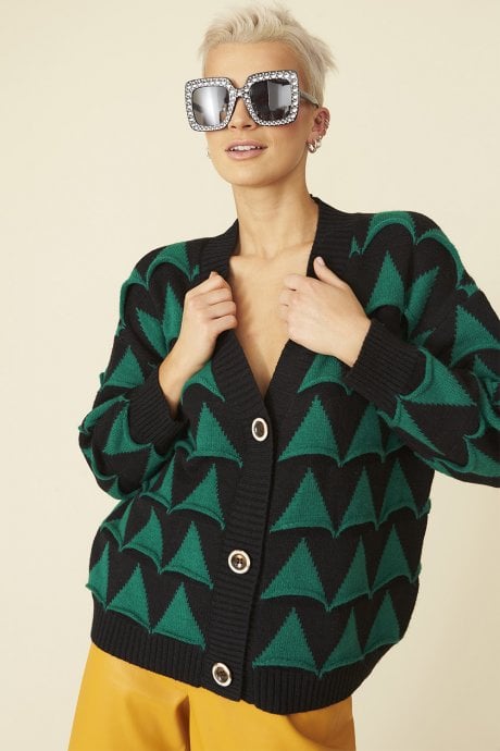 JAYLEY Banana Peel Geometric Cardigan with Green Faux Fur Collar