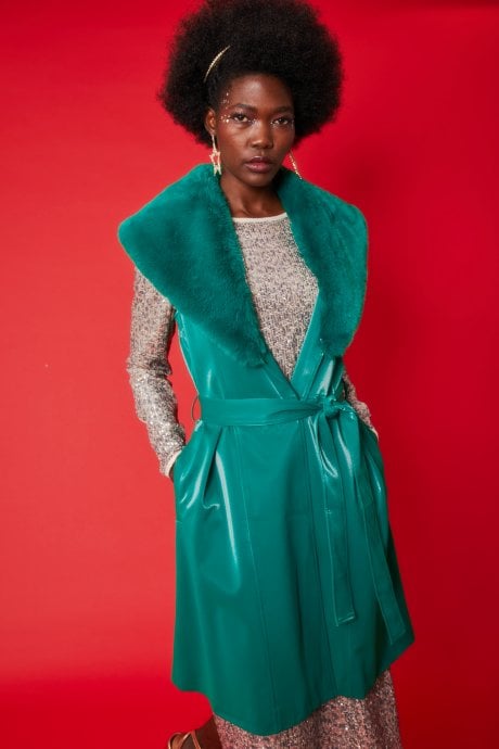 JAYLEY Banana Peel Midi Gilet | Waistcoat Faux Fur Collar