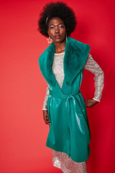 JAYLEY Banana Peel Midi Gilet | Waistcoat Faux Fur Collar