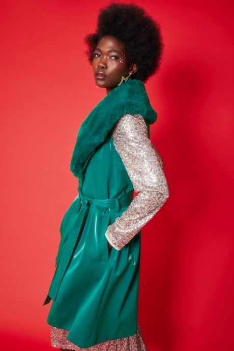 JAYLEY Banana Peel Midi Gilet | Waistcoat Faux Fur Collar