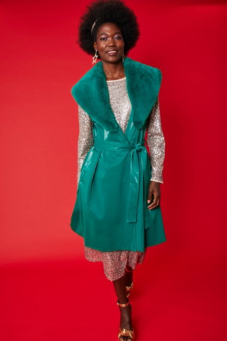 JAYLEY Banana Peel Midi Gilet | Waistcoat Faux Fur Collar