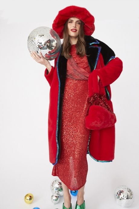 JAYLEY Black And Red Oversized Faux Fur Coat With Sequin Detail