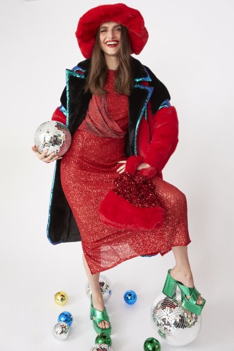 JAYLEY Black And Red Oversized Faux Fur Coat With Sequin Detail