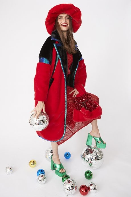 JAYLEY Black And Red Oversized Faux Fur Coat With Sequin Detail